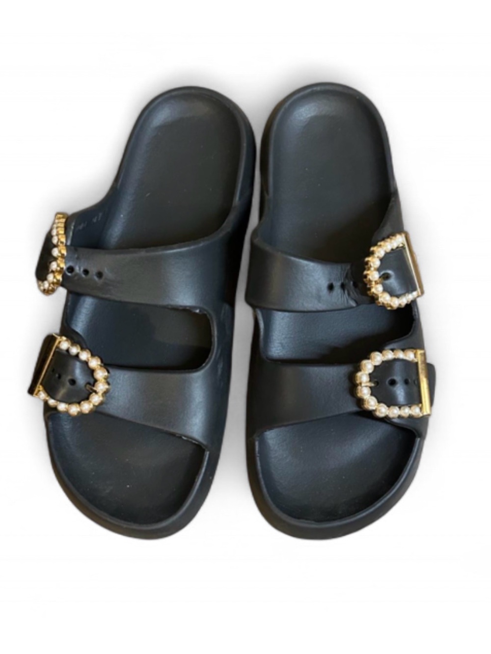 Women's Black Pearl-Trim Slide Sandals with Gold Buckles